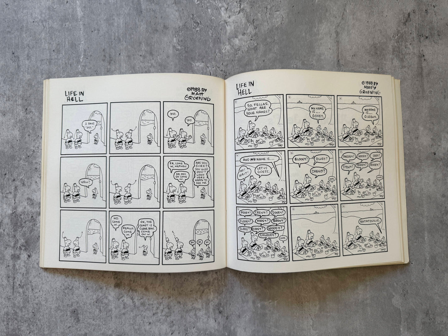 Open book with comic strip titled 'Life in Hell' on a gray concrete surface. Akbar & Jeff's Guide to Life by Matt Groening. Shop for new and used books with The Stone Circle, the only online bookstore near you in Nevada City, California.