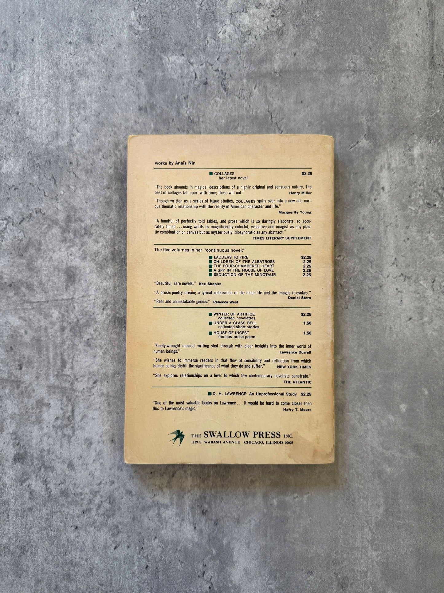 Vintage book on a textured gray surface. Winter of Artifice: Three Novelettes by Anais Nin. Shop for new and used books with The Stone Circle, the only online bookstore near you in Nevada City, California.