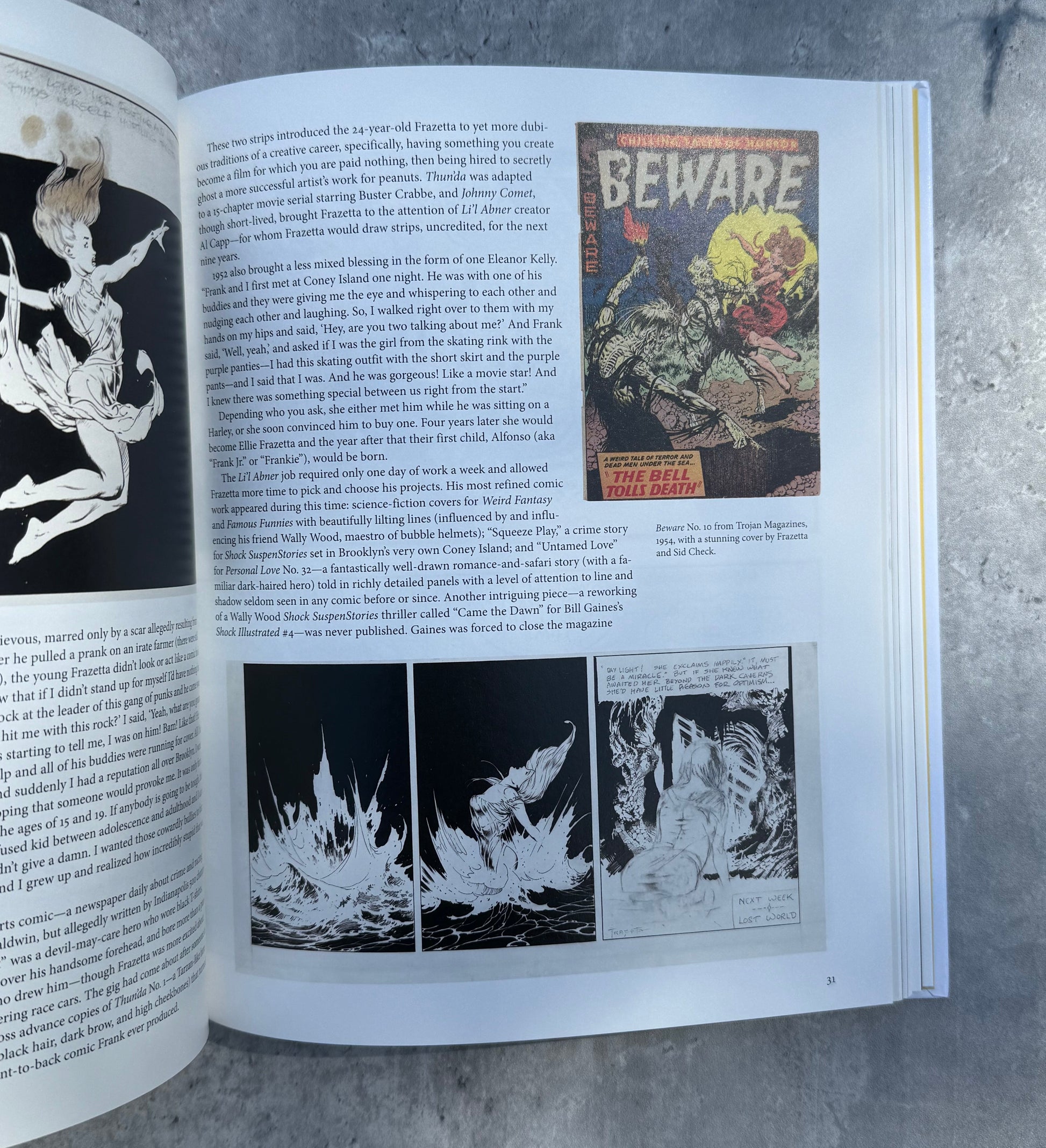 Open book with illustrations and text on a textured surface