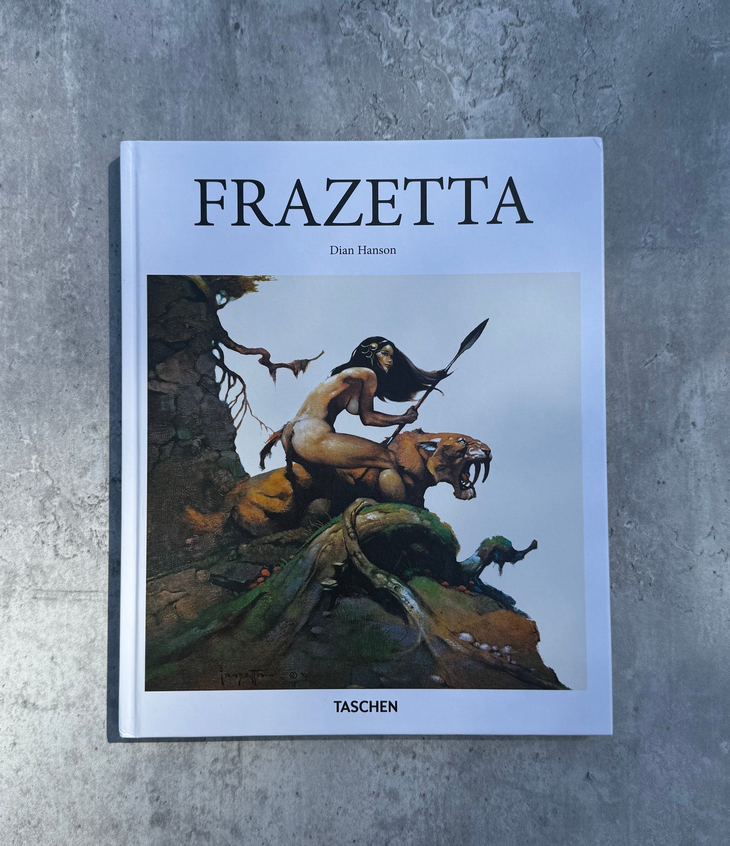 Book titled 'Frazetta' by David Frazetta on a gray textured surface